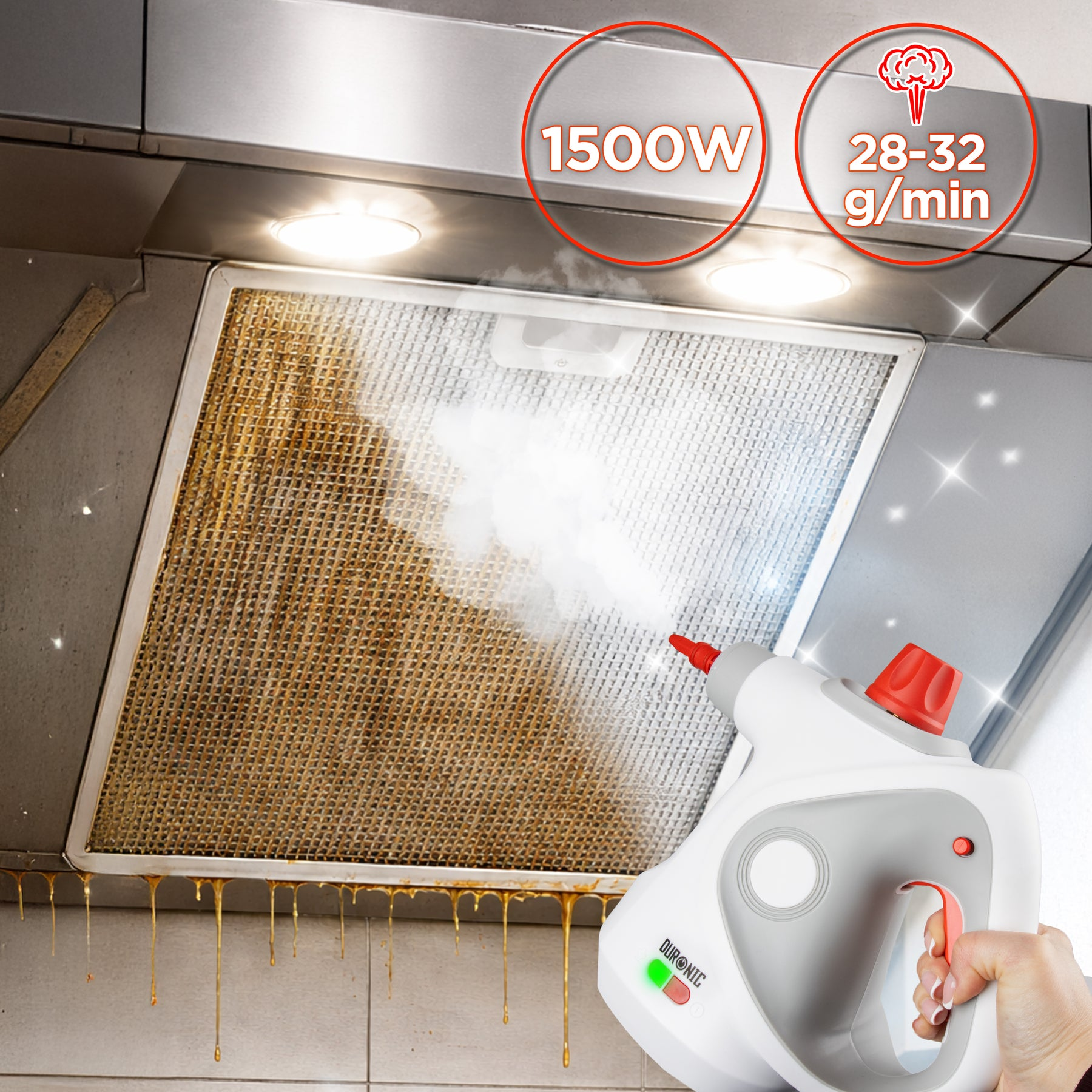 Ein Dampfreiniger reinigt einen schmutzigen Dunstabzugshaubenfilter mit 1500W Leistung.