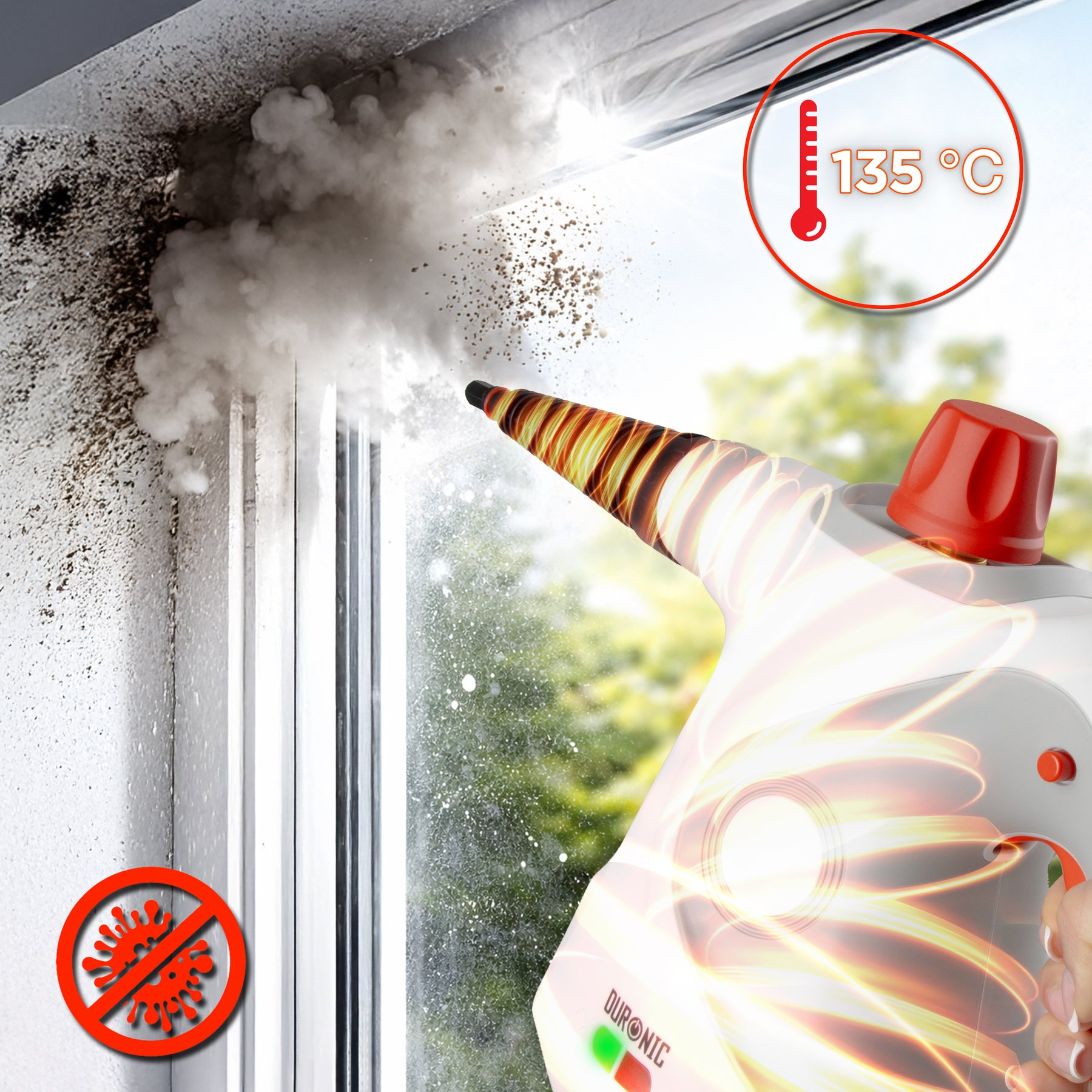 Dampfreiniger bekämpft Schimmel und Bakterien bei 135°C.