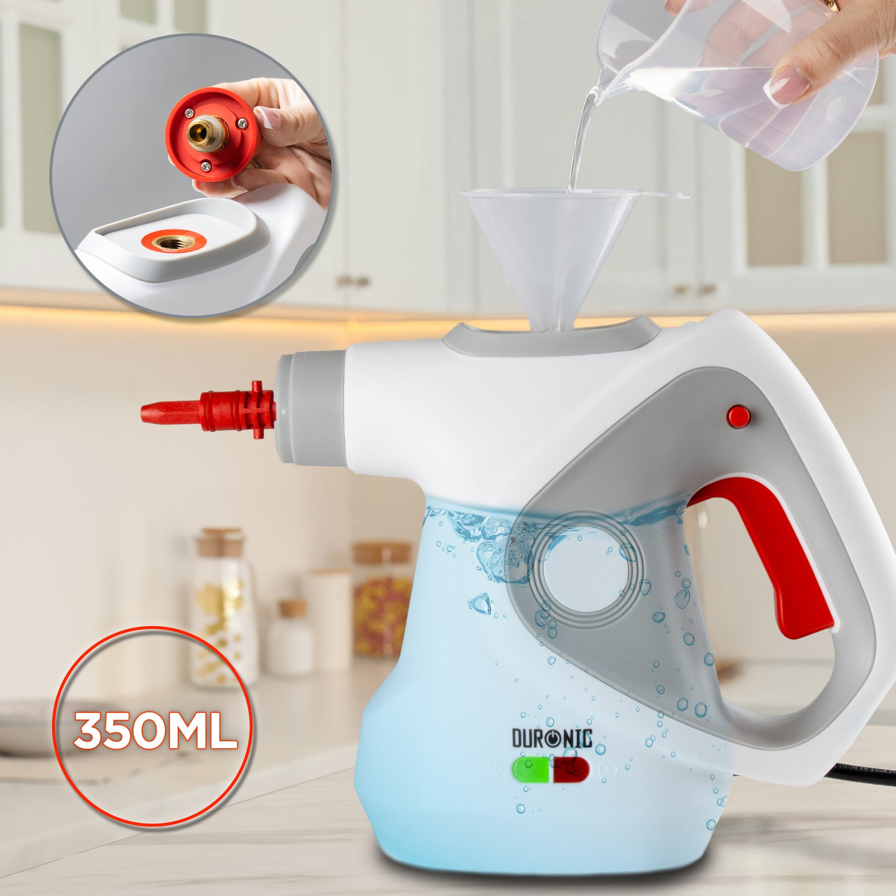 Ein Dampfreiniger mit Wasserauffüllung und 350-ml-Kapazitätsanzeige.