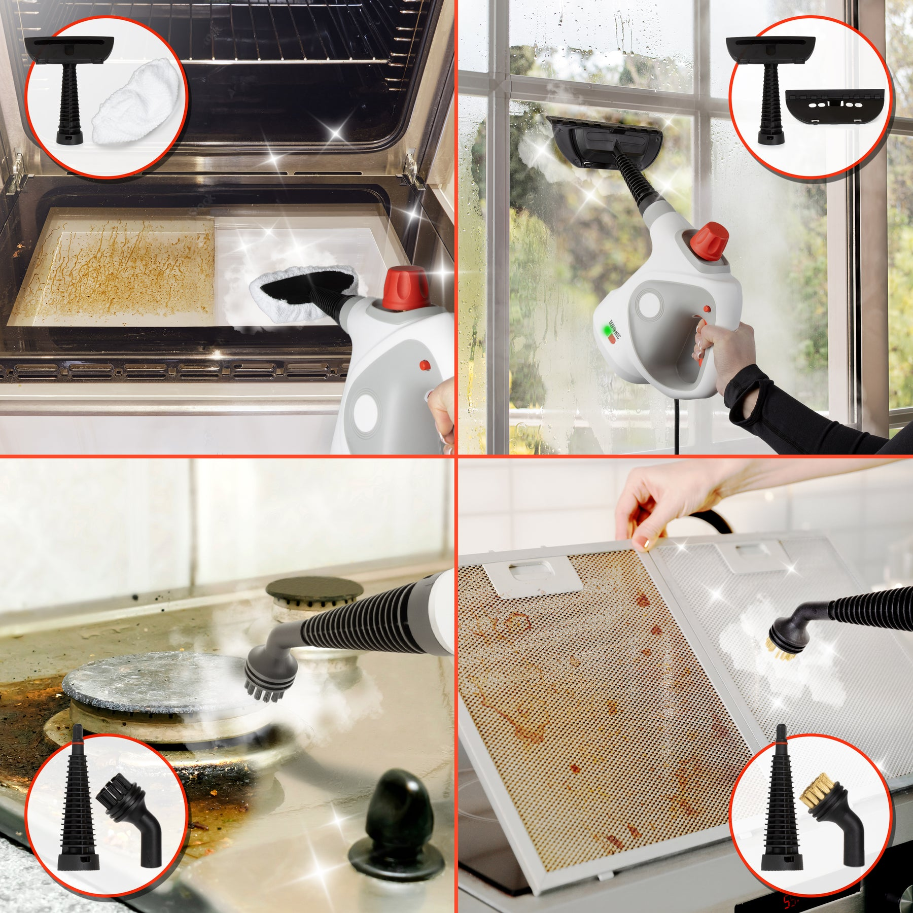 Dampfreiniger reinigt Backofen, Fenster, Herd und Dunstabzugshaube.