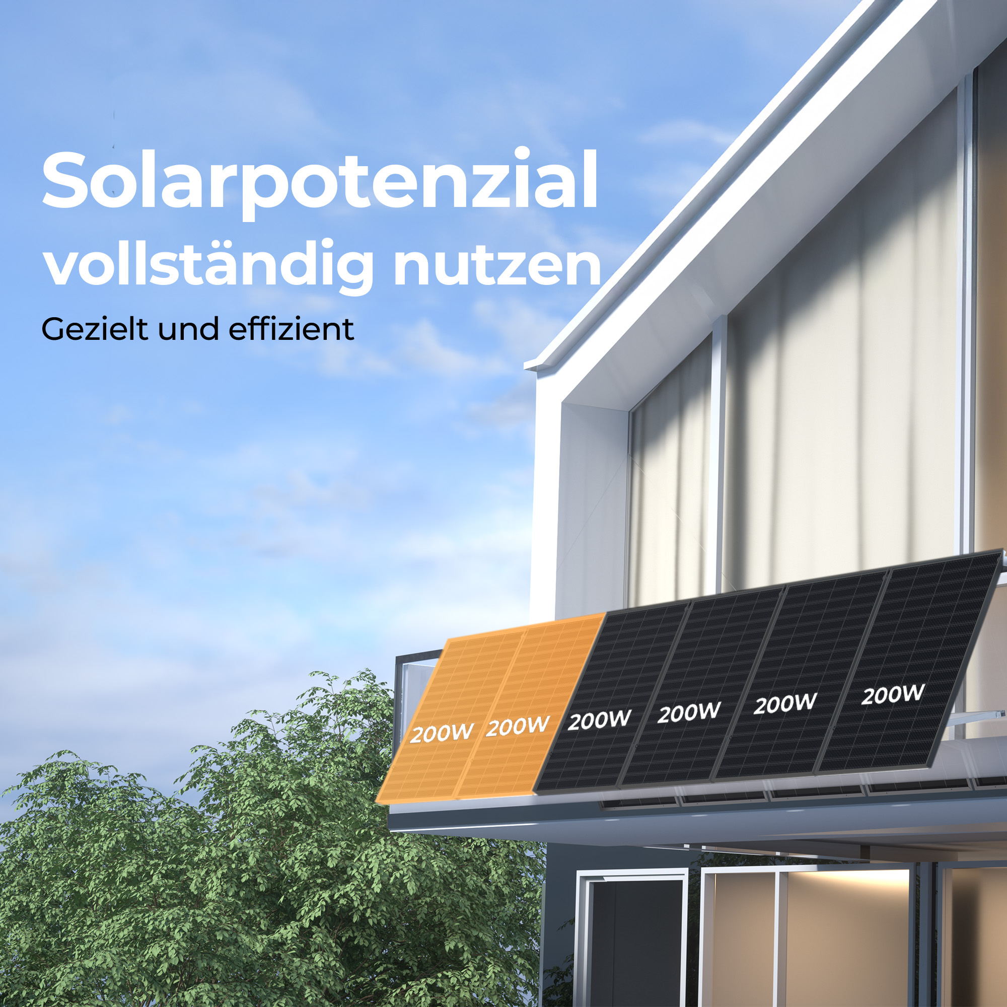 Solarmodule auf einem Balkon unter blauem Himmel, beschriftet mit 200W.