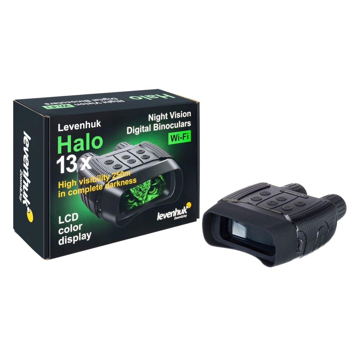 Binocolo digitale per visione notturna Levenhuk Halo e la sua scatola sono mostrati su sfondo bianco.