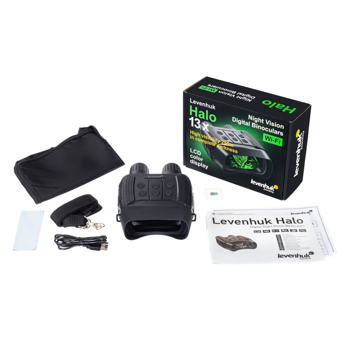 Binocolo per visione notturna Levenhuk Halo con accessori e scatola.