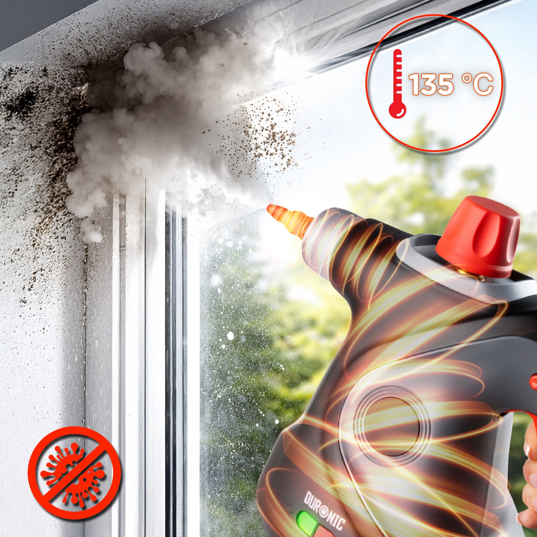 Dampfreiniger bekämpft Schmutz und Keime bei 135°C.