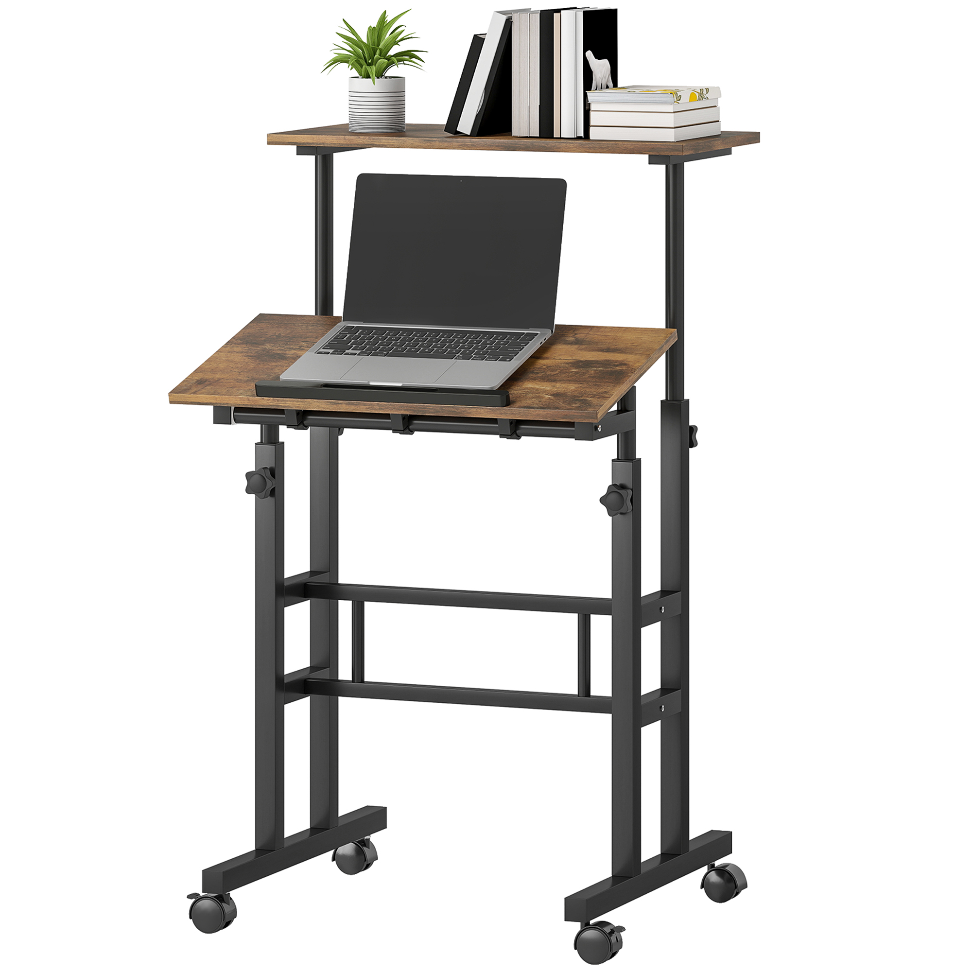 Ein höhenverstellbarer Schreibtisch mit Rollen, einem Laptop und Büchern.