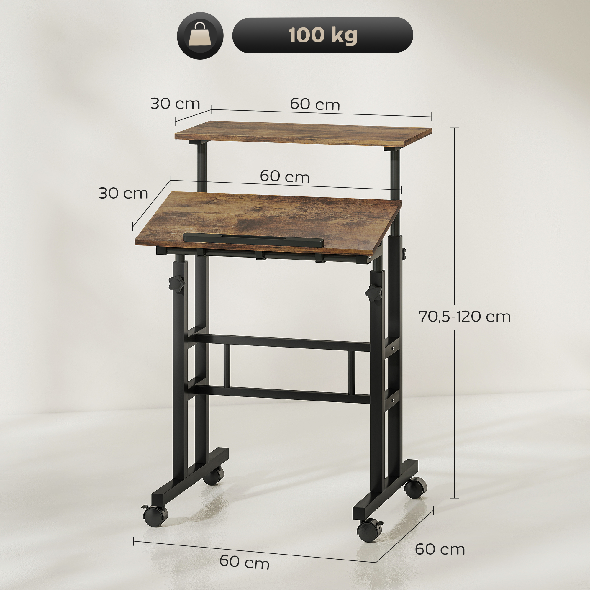 Ein höhenverstellbarer Stehtisch aus Holz mit schwarzem Metallrahmen und Rollen.