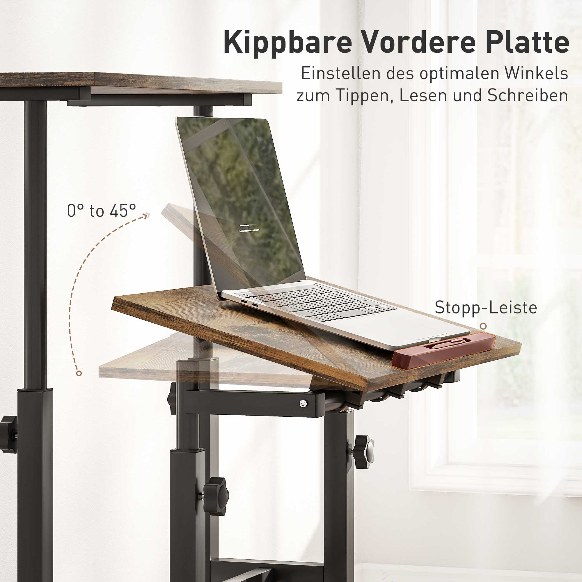 Ein kippbarer Schreibtisch mit Laptop, verstellbar von 0-45 Grad.