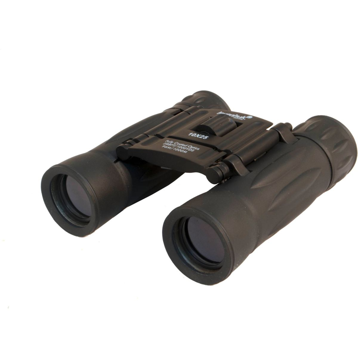Binocolo nero 10x25 su sfondo bianco.