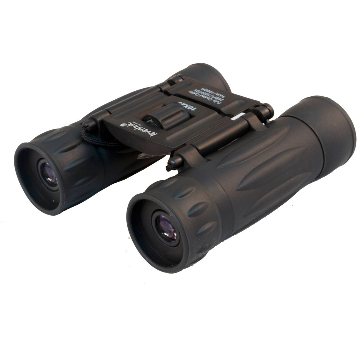 Binocolo nero con ingrandimento 10x25 su sfondo bianco.