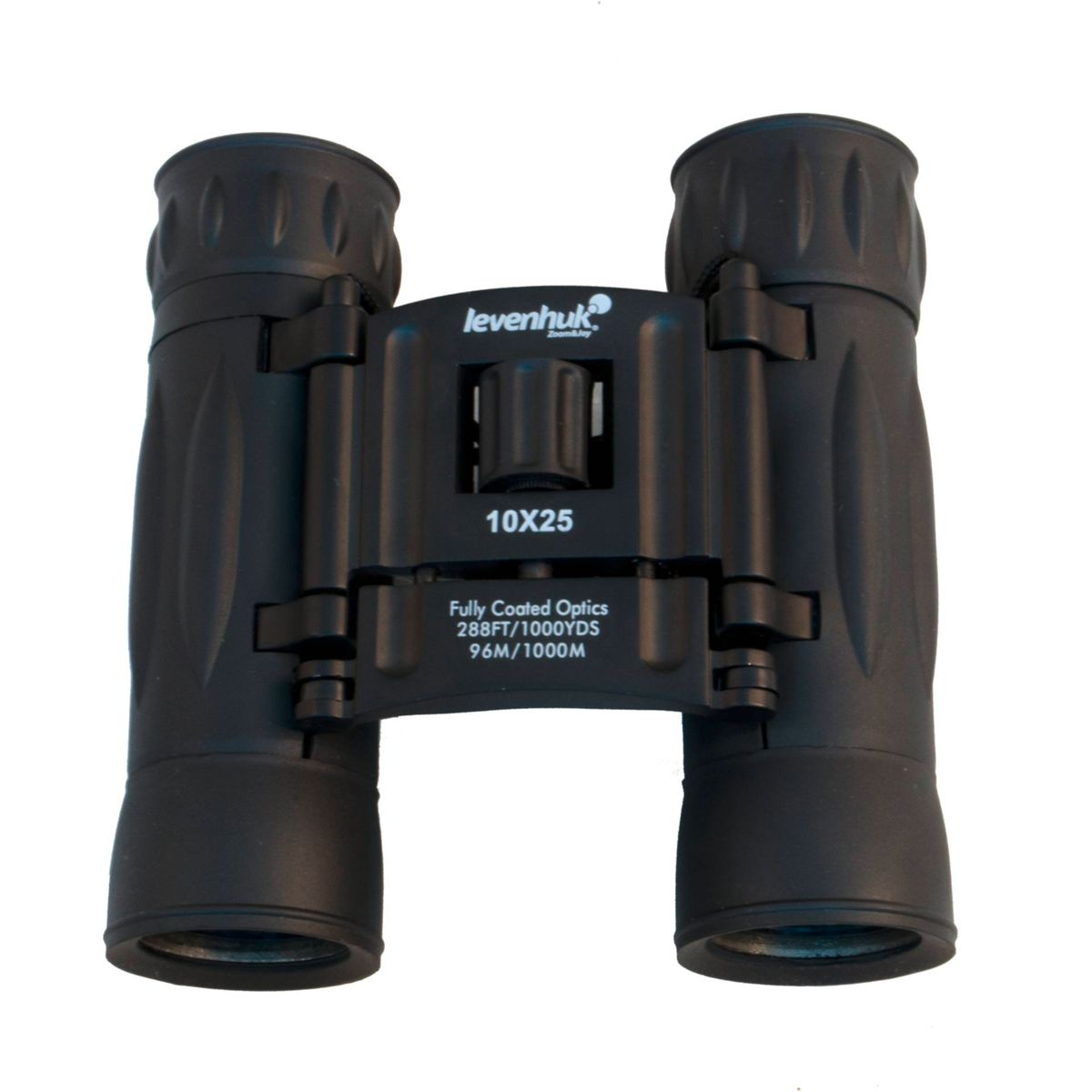 Binocolo Levenhuk nero 10x25 su sfondo bianco.