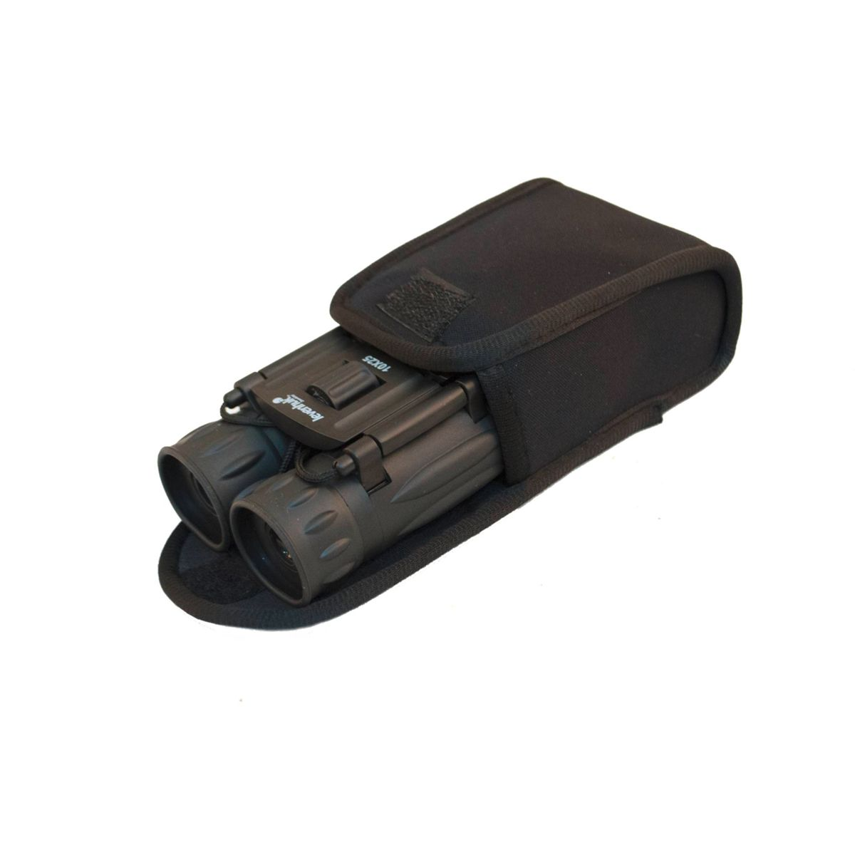 Binocolo nero 10x25 in una custodia di tessuto nero.