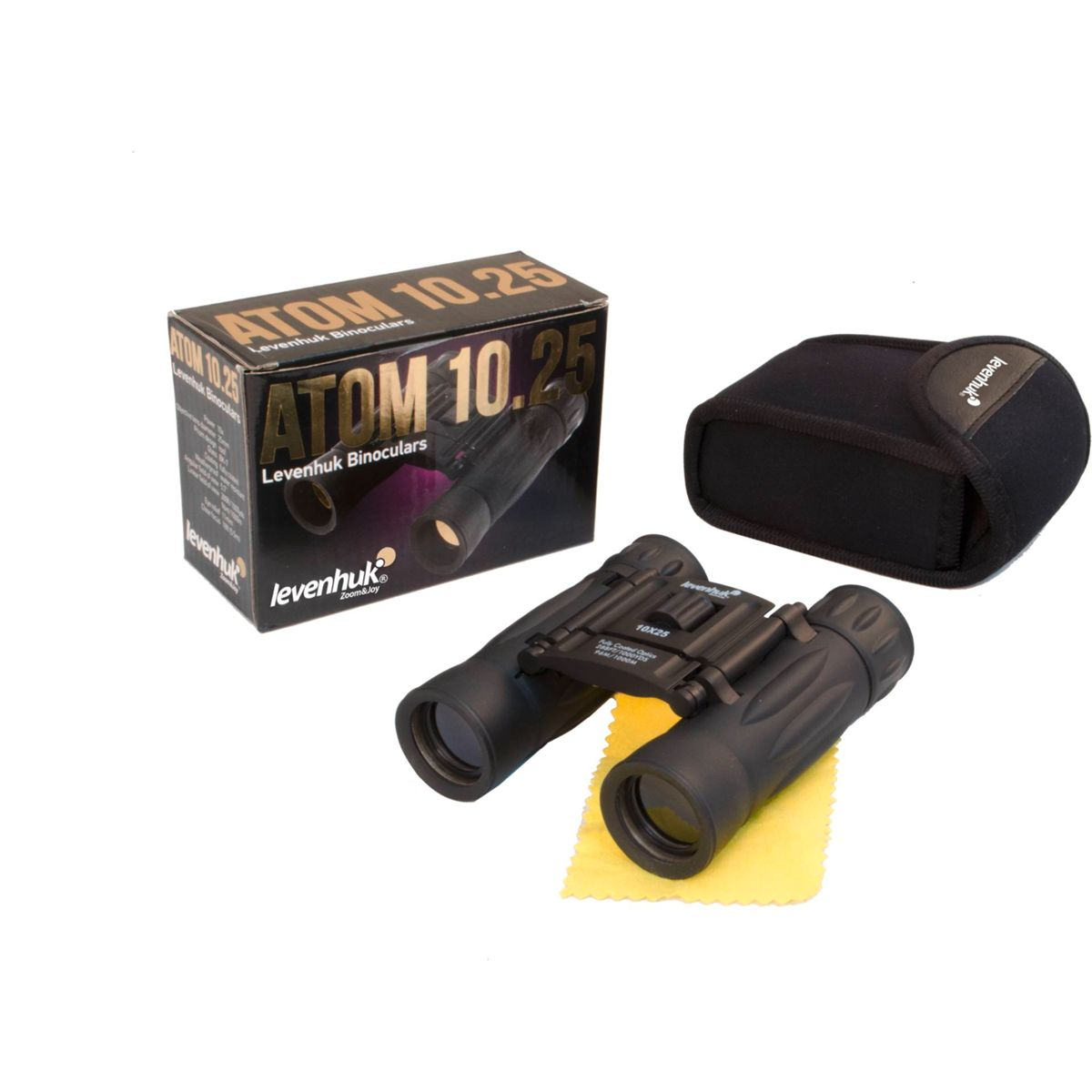 Binocolo Levenhuk ATOM 10x25 nero con scatola e custodia su sfondo bianco.