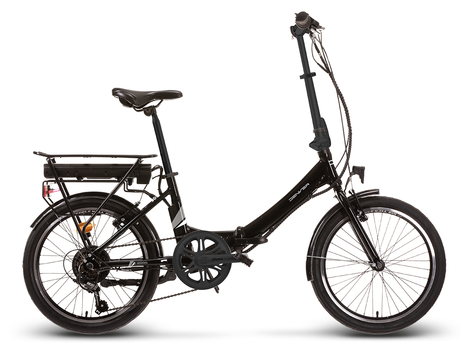Een zwarte vouwbare elektrische fiets met bagagedrager en accu.