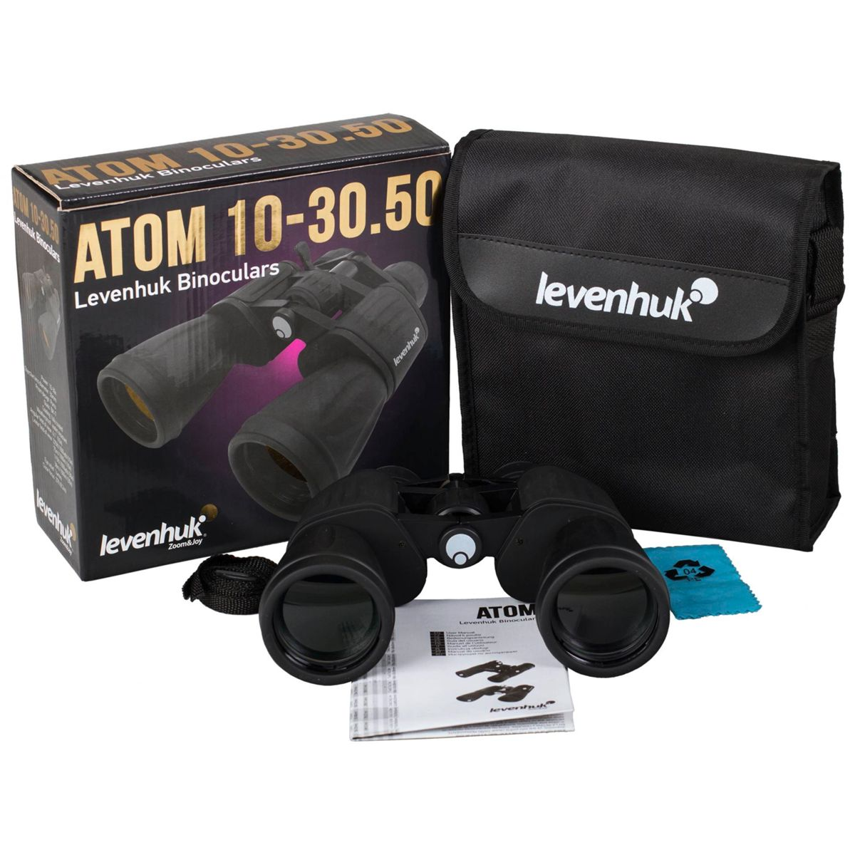 Levenhuk ATOM 10-30.50 Fernglas mit Zubehör: Verpackung, Tasche, Anleitung und Tuch.