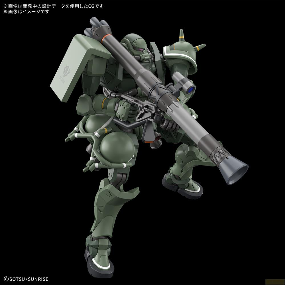 Ein grüner Mech mit einem großen Raketenwerfer und detaillierten Gelenken auf schwarzem Hintergrund.