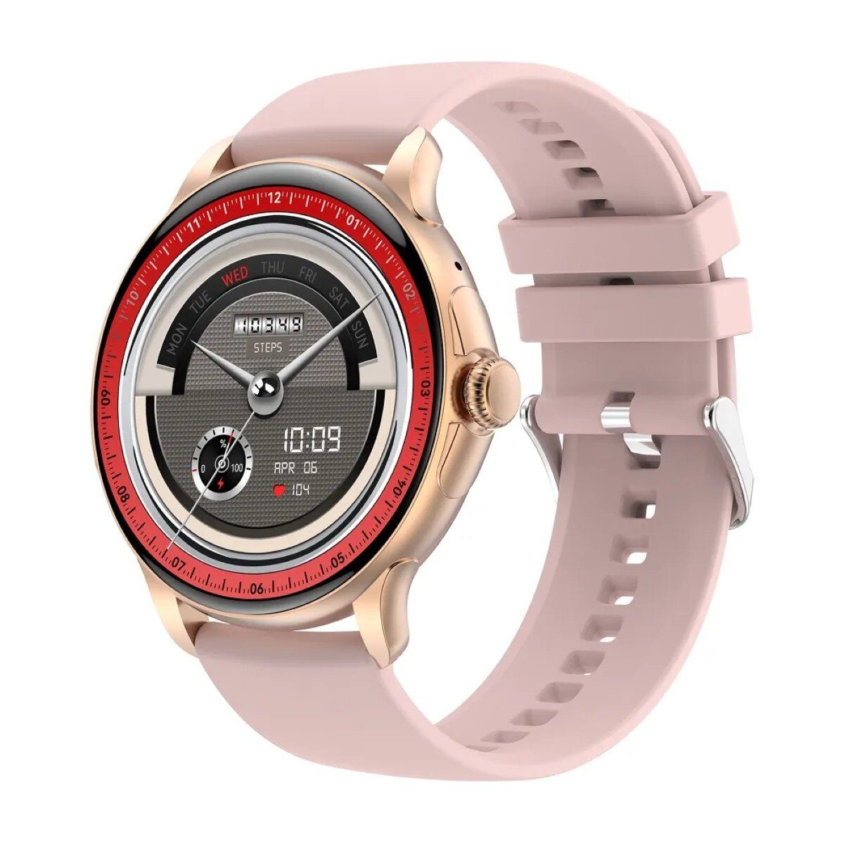 Eine rosafarbene Smartwatch mit goldenem Gehäuse und digitaler Anzeige.