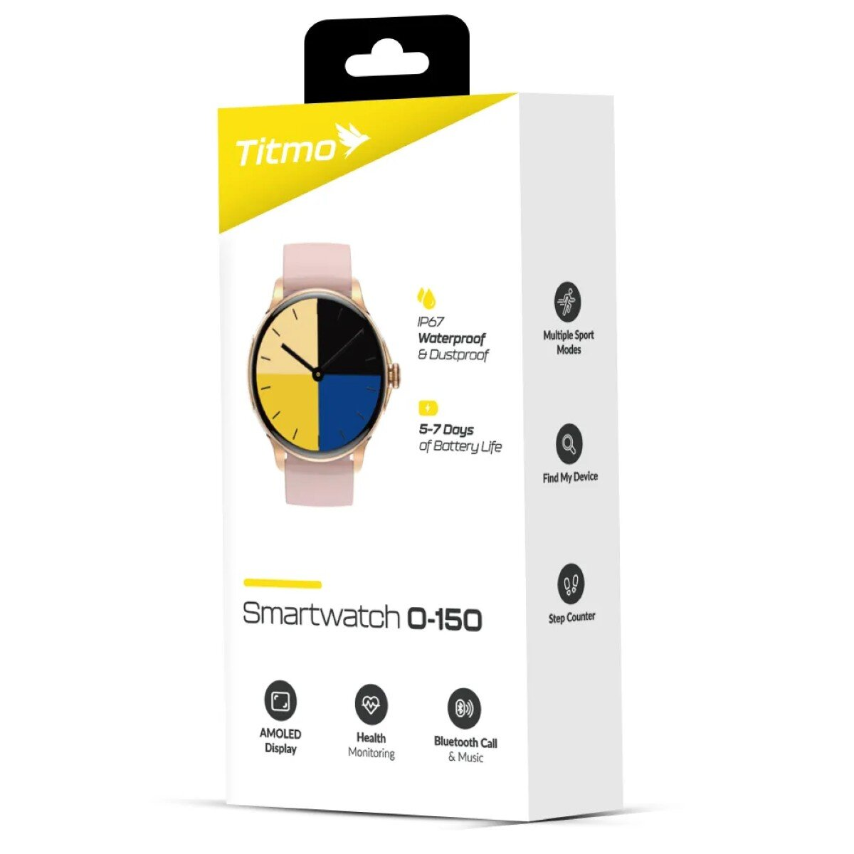 Verpackung einer Titmo Smartwatch O-150 mit rosa Armband.