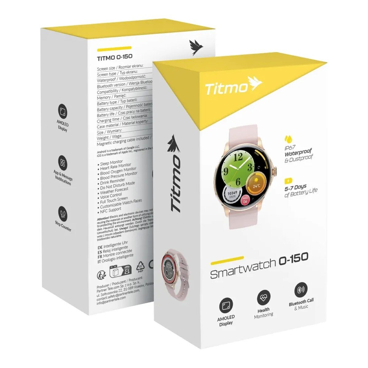 Verpackung für Titmo O-150 Smartwatch mit Produktbild, Features und Spezifikationen.