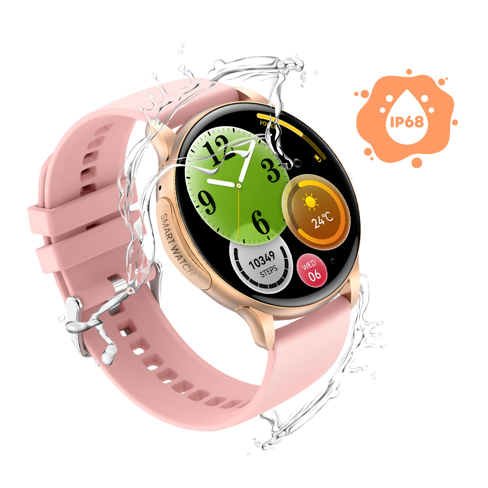 Eine rosa Smartwatch mit goldenem Gehäuse, Wasserspritzern und IP68-Symbol.