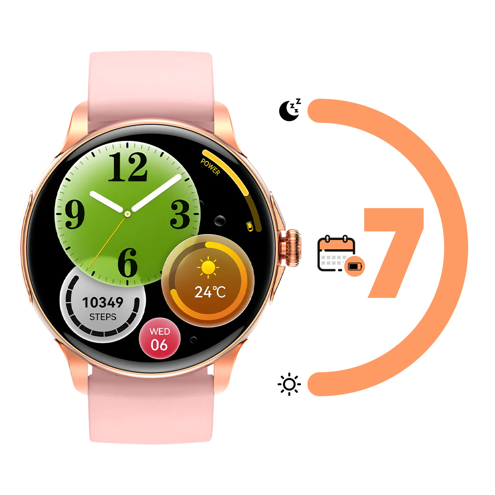 Eine roségoldene Smartwatch mit rosa Armband zeigt 10349 Schritte, 24°C und den 6. Mittwoch an.