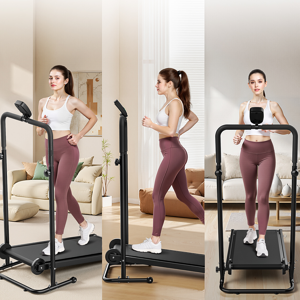 Kobieta biegnie na bieżni w nowoczesnym salonie.