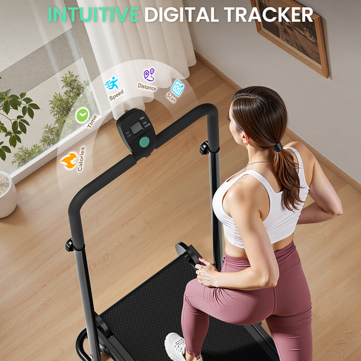 Kobieta na bieżni z cyfrowym trackerem pokazującym prędkość, dystans, czas, kalorie.