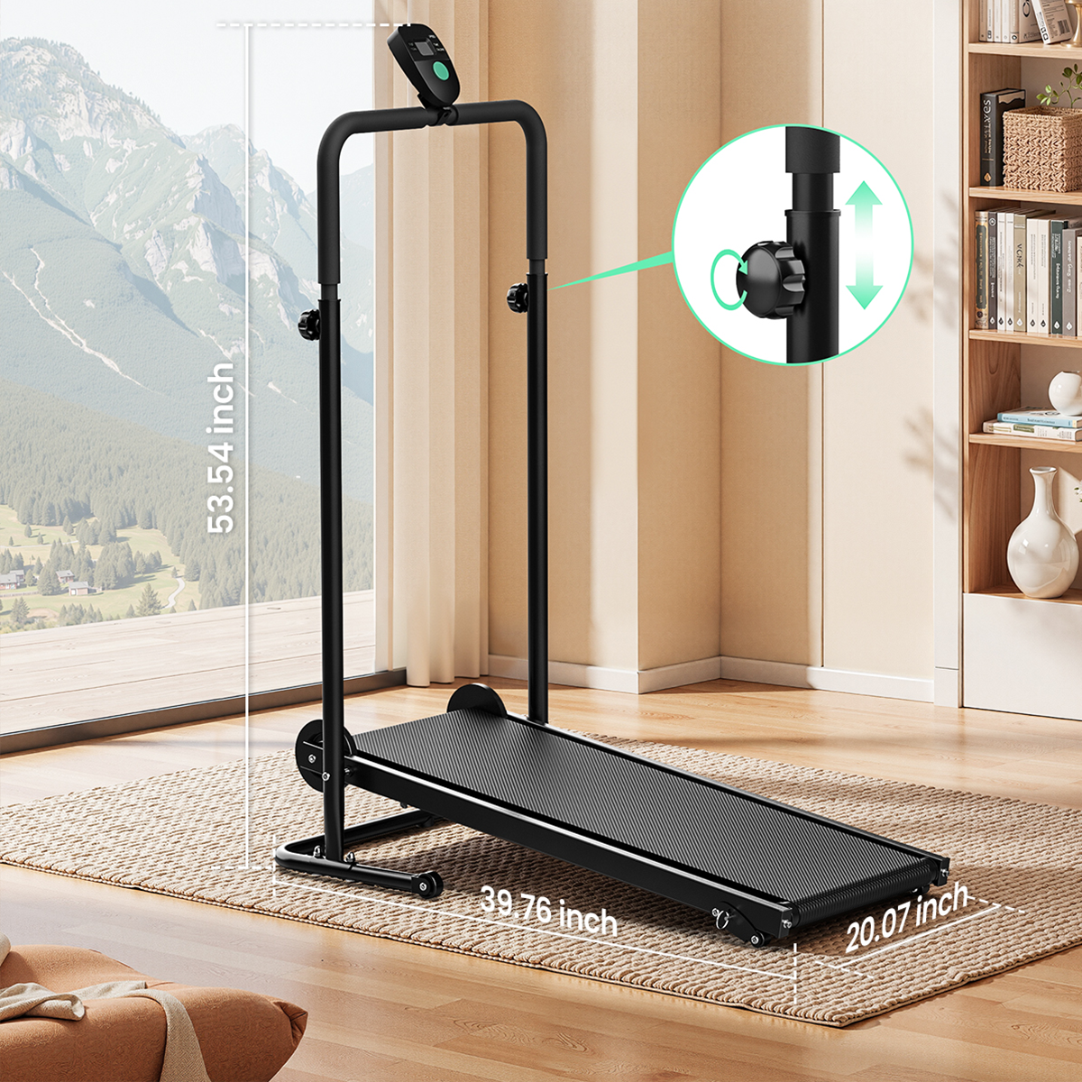 Czarna bieżnia z wyświetlaczem, wymiary 39,76x20,07 cala, wysokość 53,54 cala.