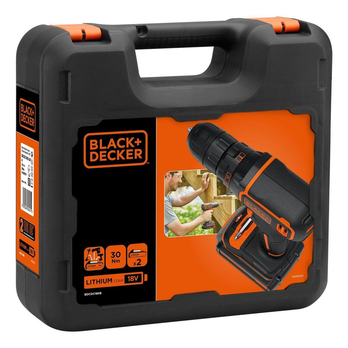 Valigetta nera con manico nero e arancione. Trapano senza fili con batteria.