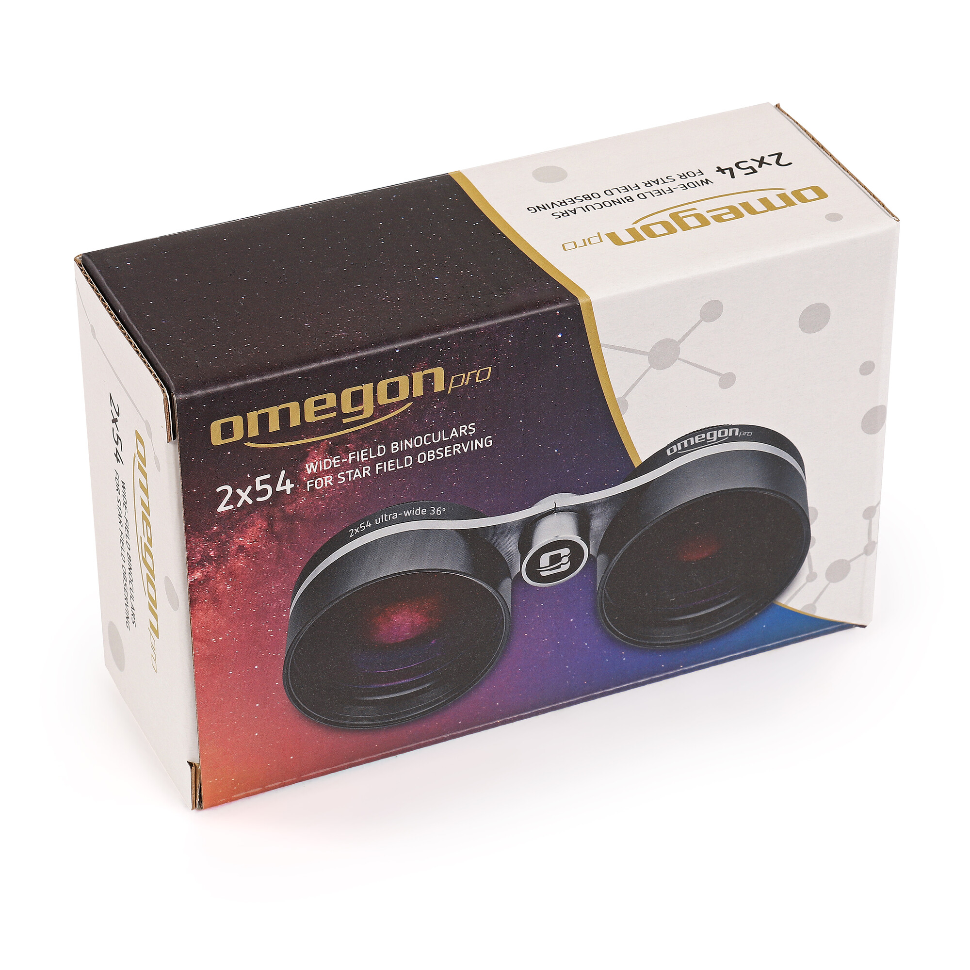 Verpackung für Omegon Pro 2x54 Weitwinkelfernglas mit Sternenhimmel-Design.