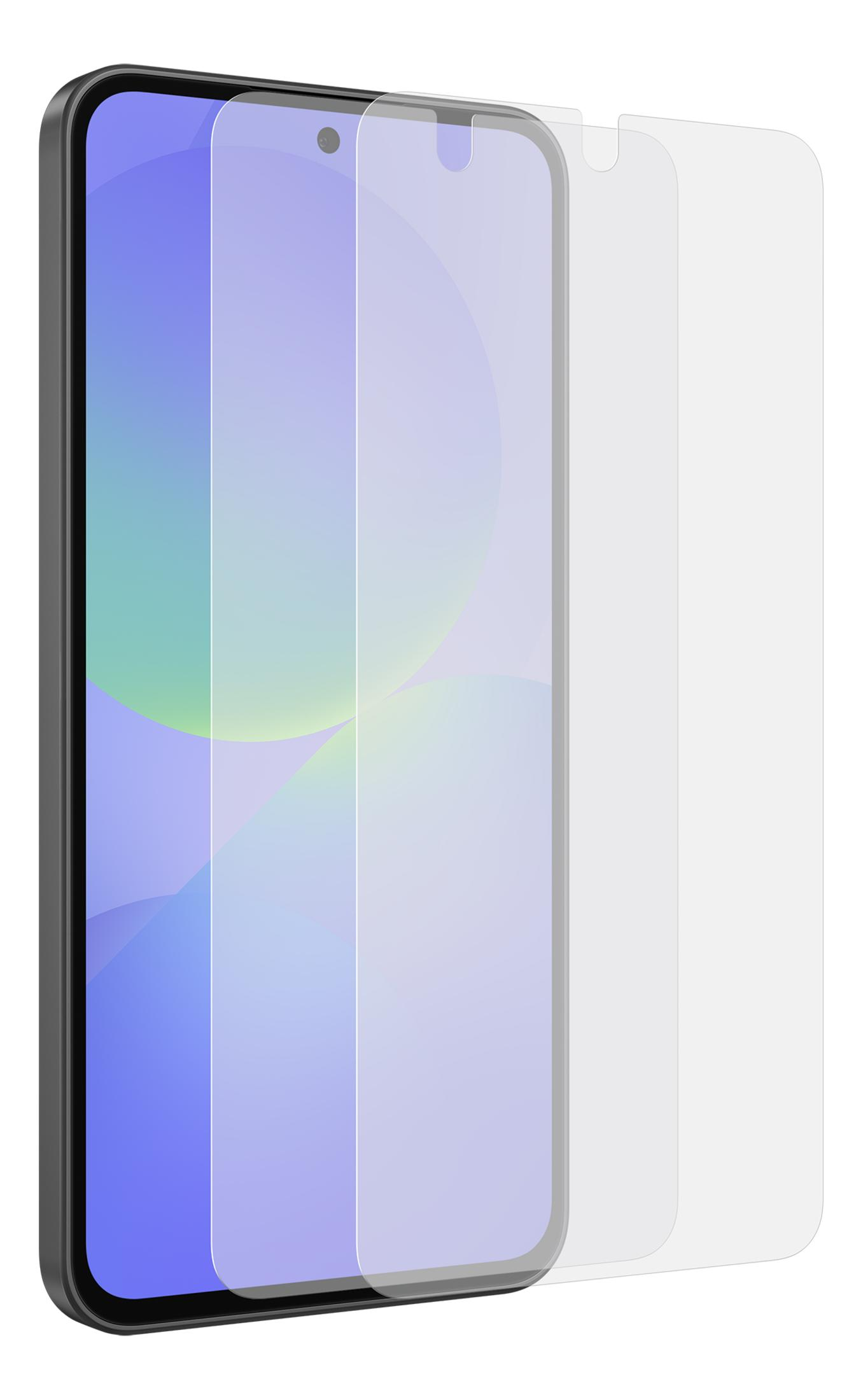 Een smartphone screenprotector van glas, geplaatst op een telefoon met een verloopachtergrond.