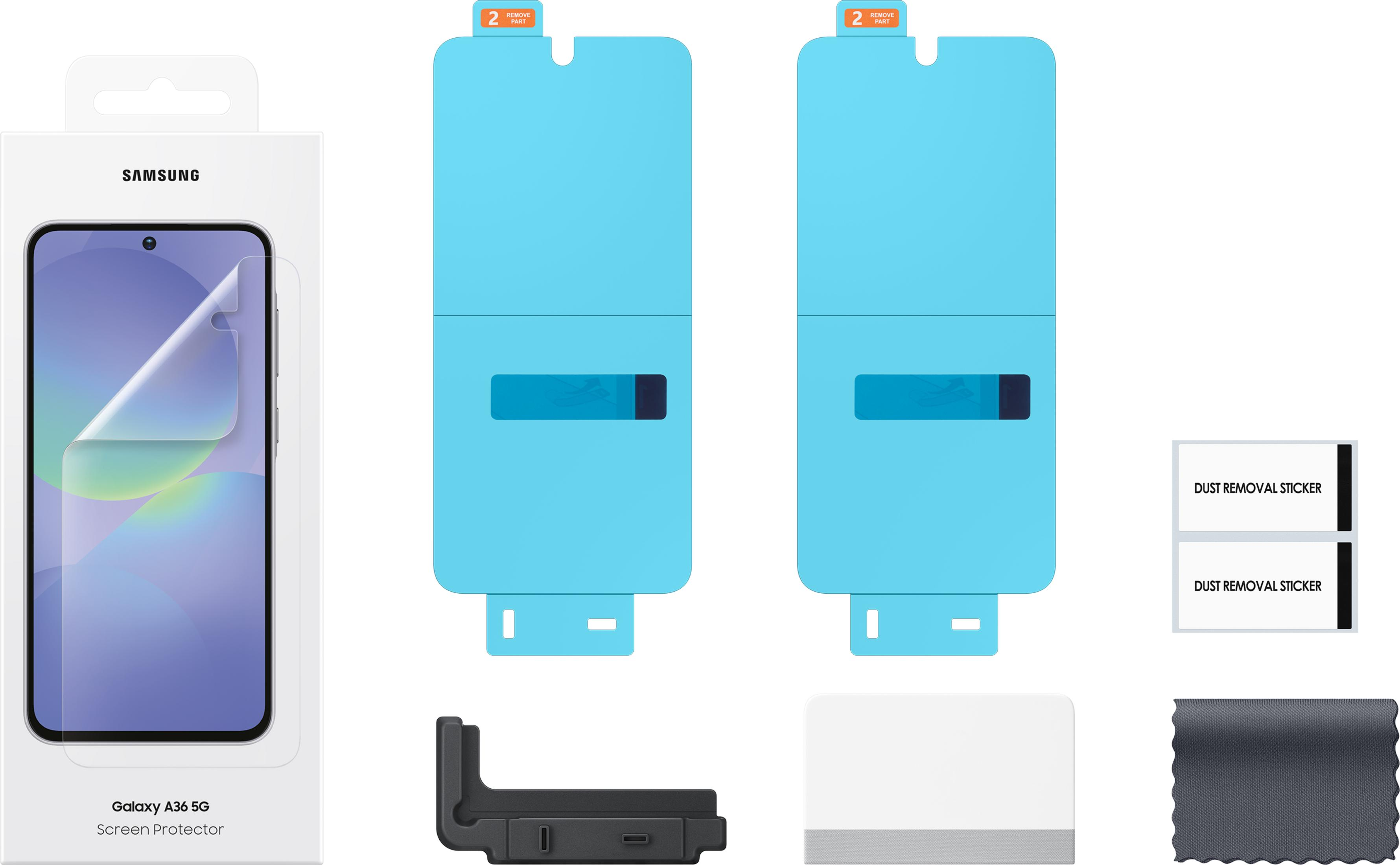 Samsung Galaxy A36 5G screenprotector set met accessoires.