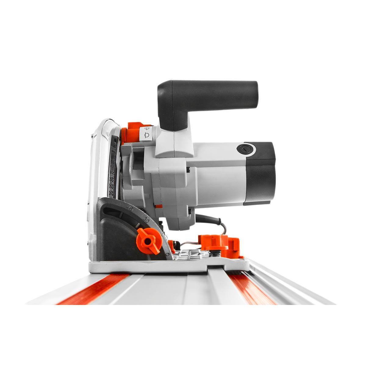 A circular saw with a gray body, black handle, and orange details on a track.