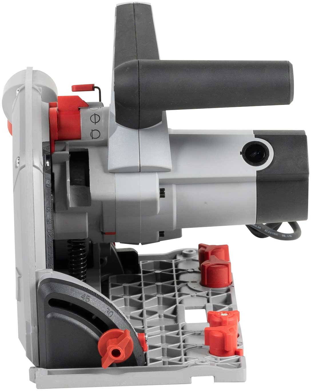 Side view of a gray and black miter saw with red accents and a black handle.