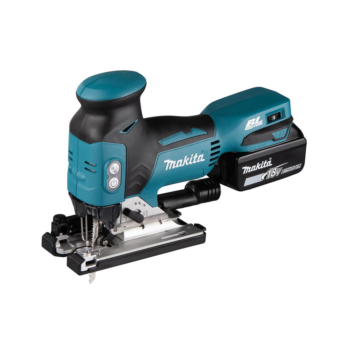 Ein blau-schwarzer Makita-Akkuschlag säge mit 18V Akku.