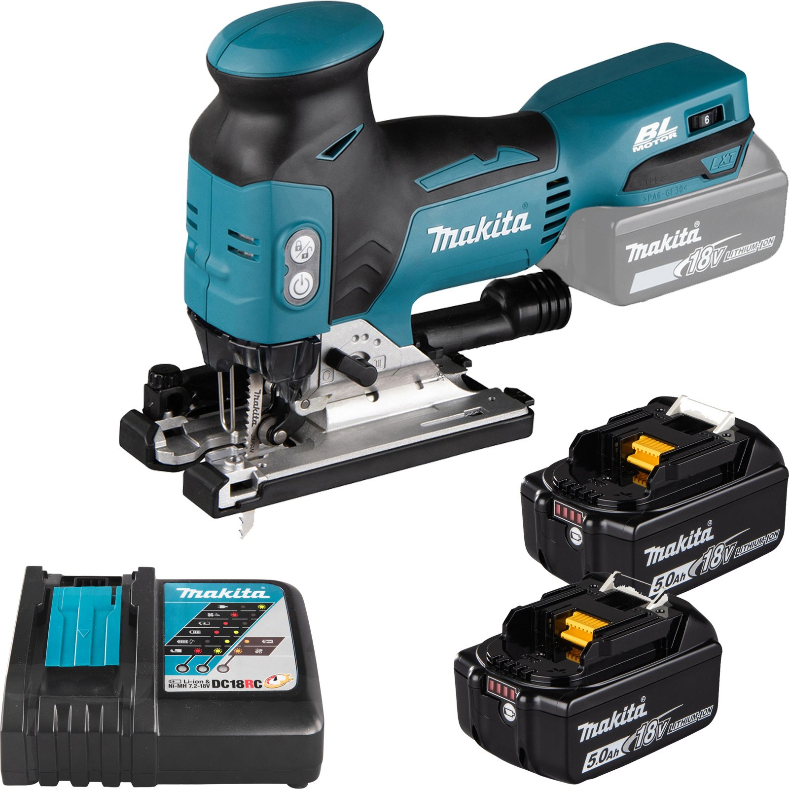 Makita Stichsäge mit Ladegerät und zwei 18V Akkus.