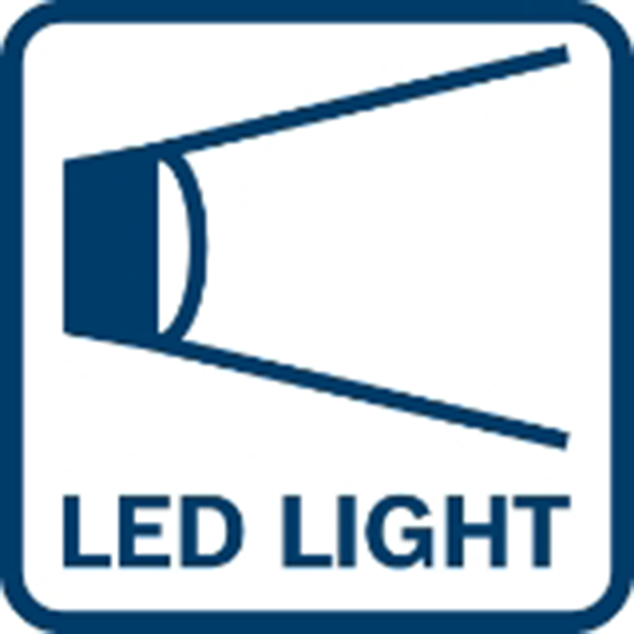 Symbol einer LED-Leuchte mit einem Lichtkegel und Text.