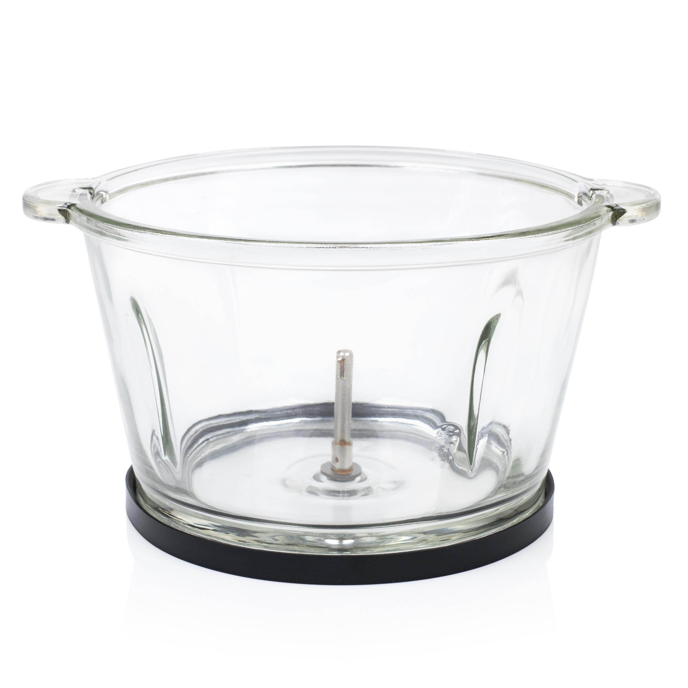 Ein leerer Glasbehälter mit Metallachse und schwarzem Sockel.