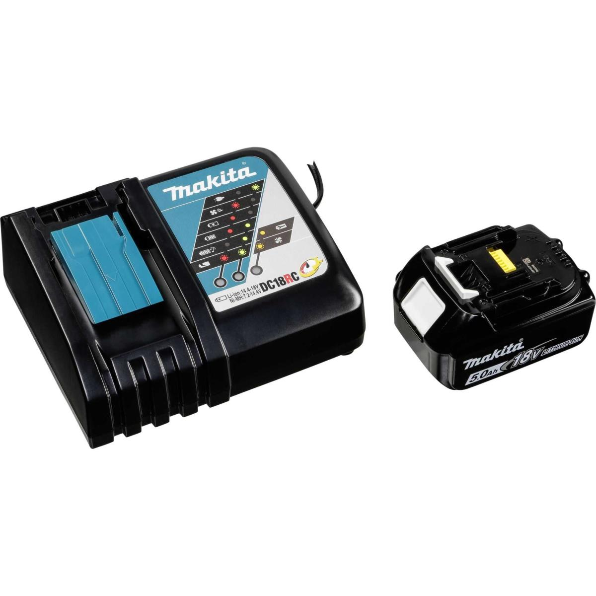 Makita Ladegerät DC18RC mit Ladeanzeigen und ein 18V 5.0Ah Akku.
