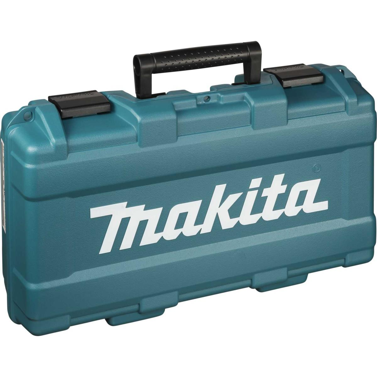 Eine türkisfarbene Makita-Werkzeugkiste mit schwarzem Griff und weißem Logo ist abgebildet.