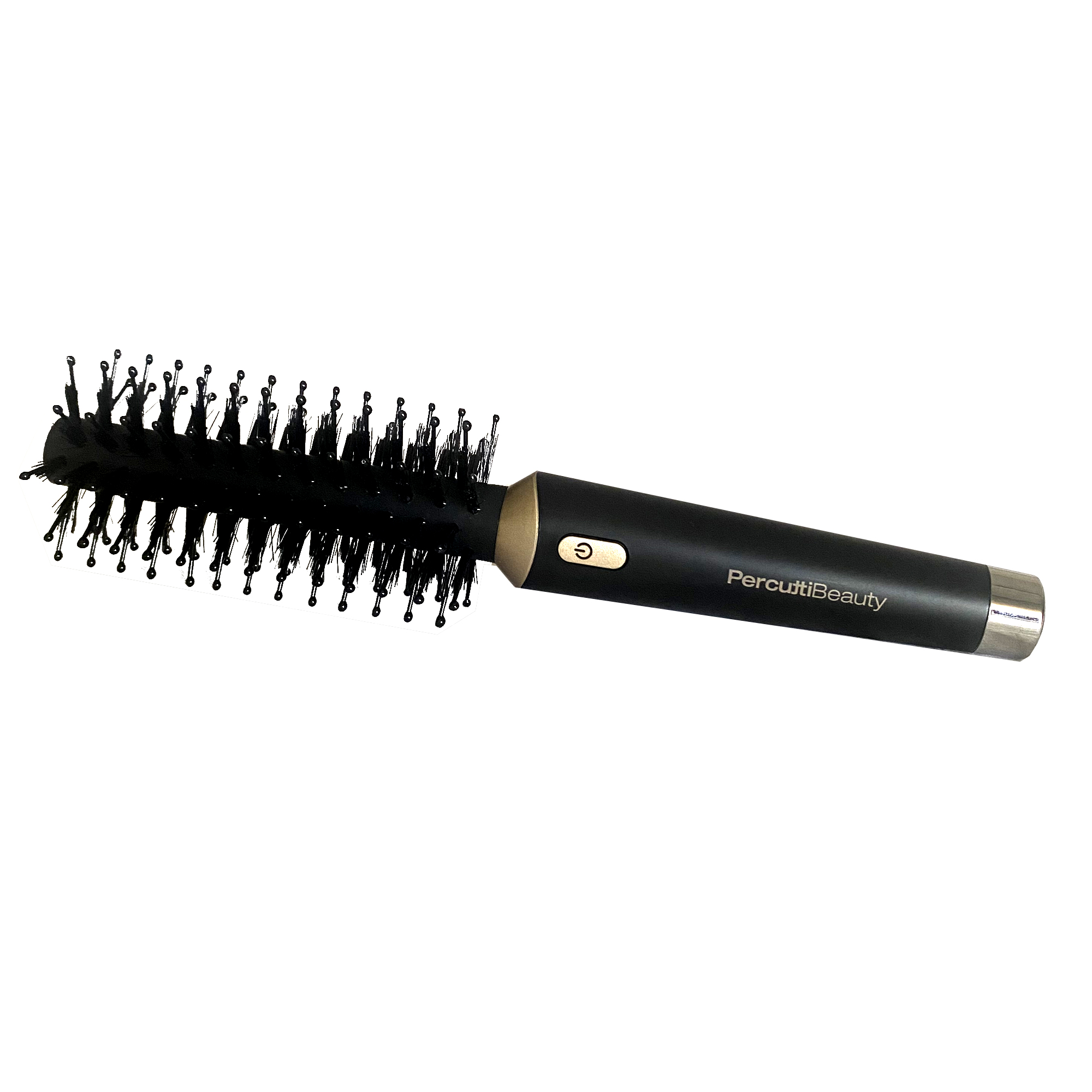Cepillo redondo negro para el cabello con detalles dorados sobre fondo blanco.