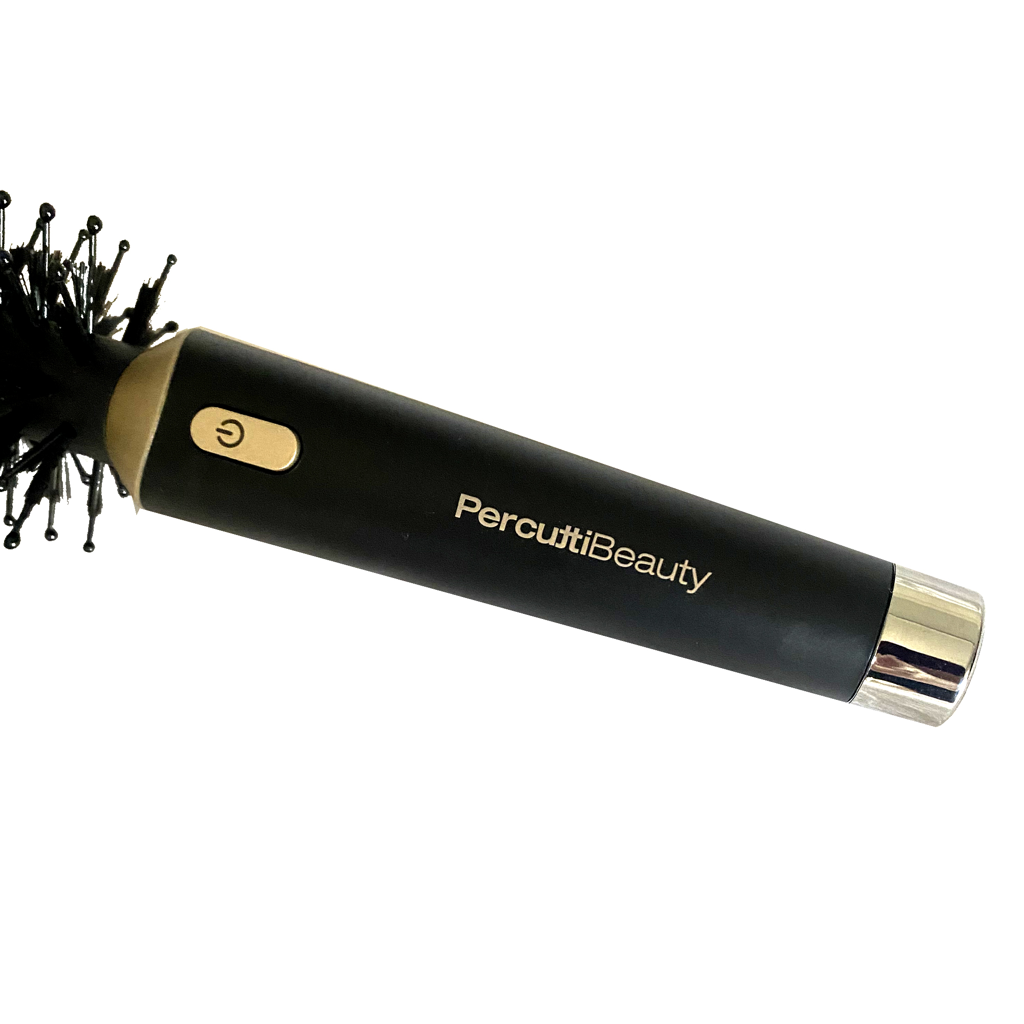 Un mango de cepillo de pelo negro con logo dorado y capuchón plateado.