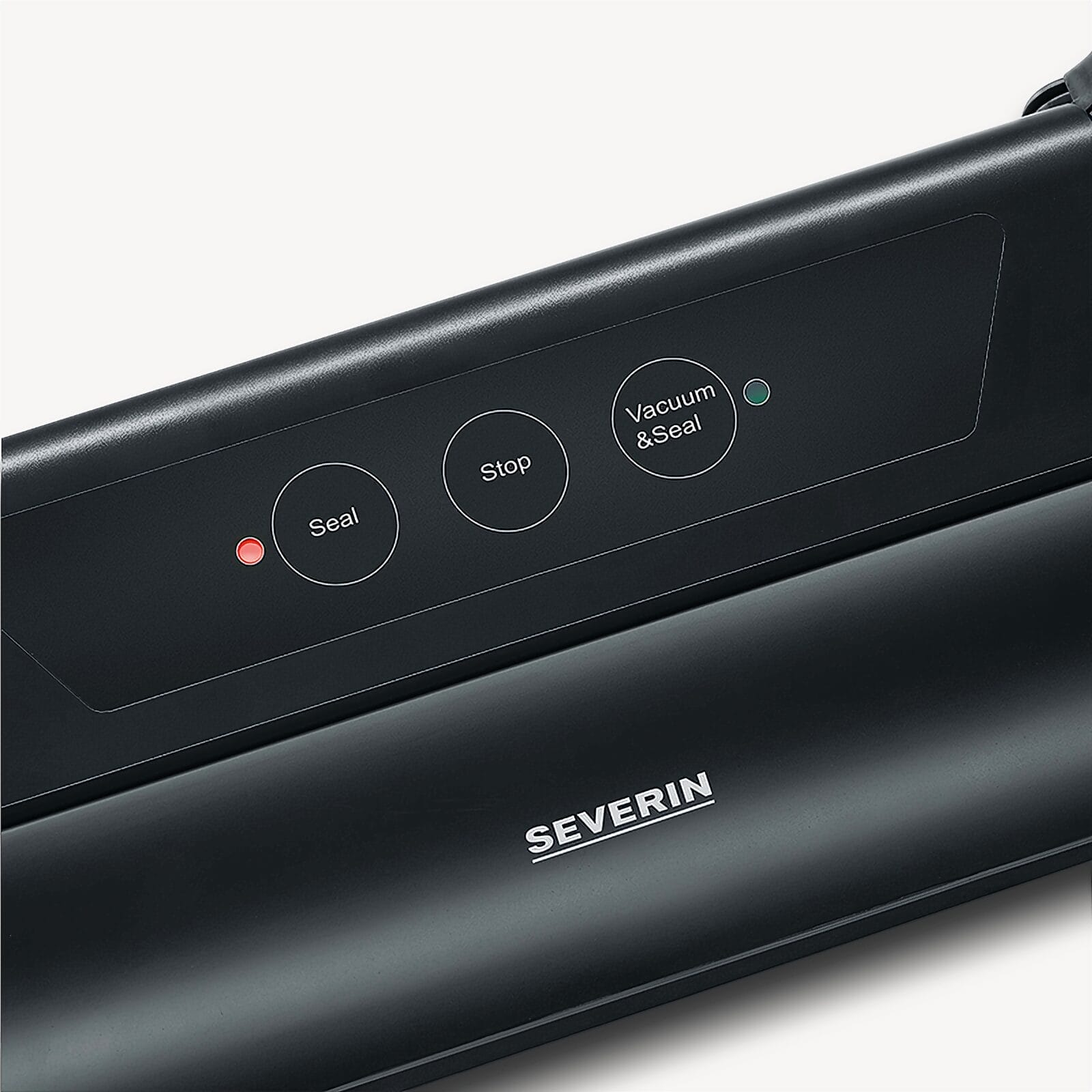 Czarna zgrzewarka z przyciskami: Seal, Stop, Vacuum & Seal. Czerwone i zielone światła.