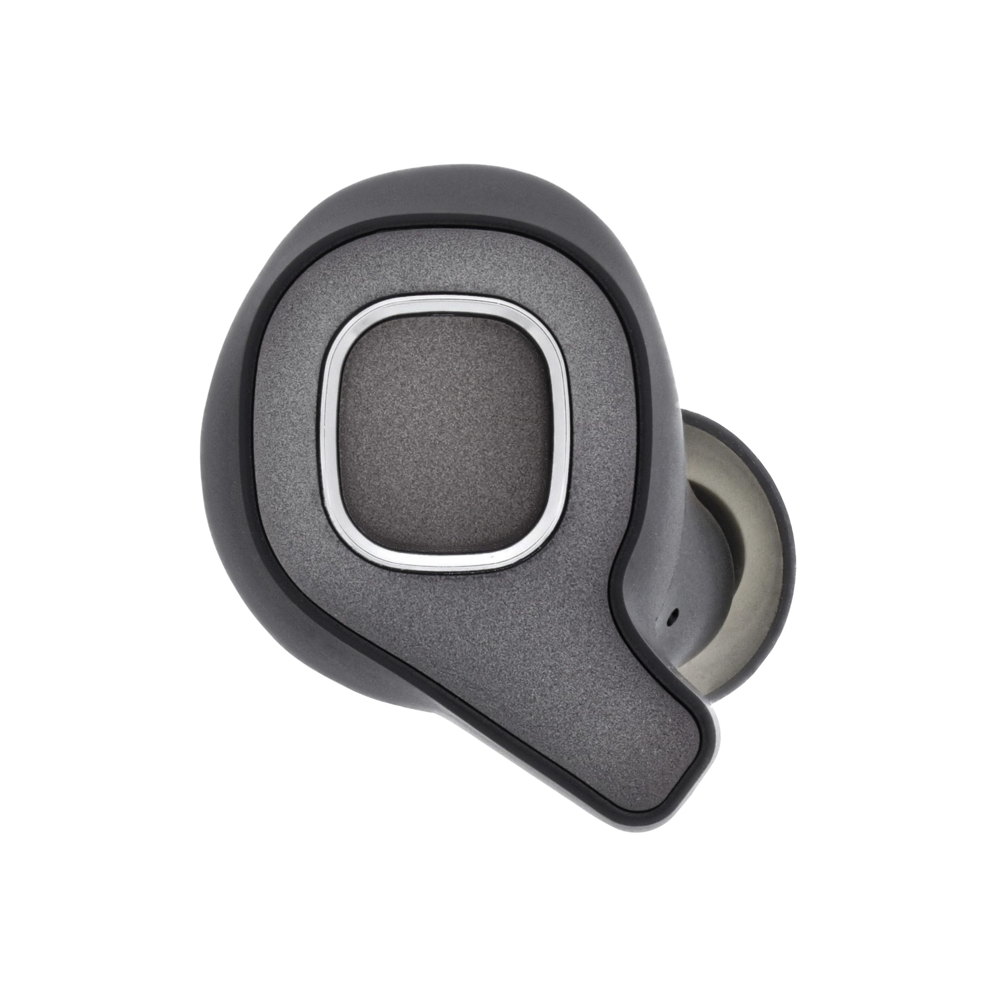Auricolare wireless grigio con bordo argentato su sfondo bianco.
