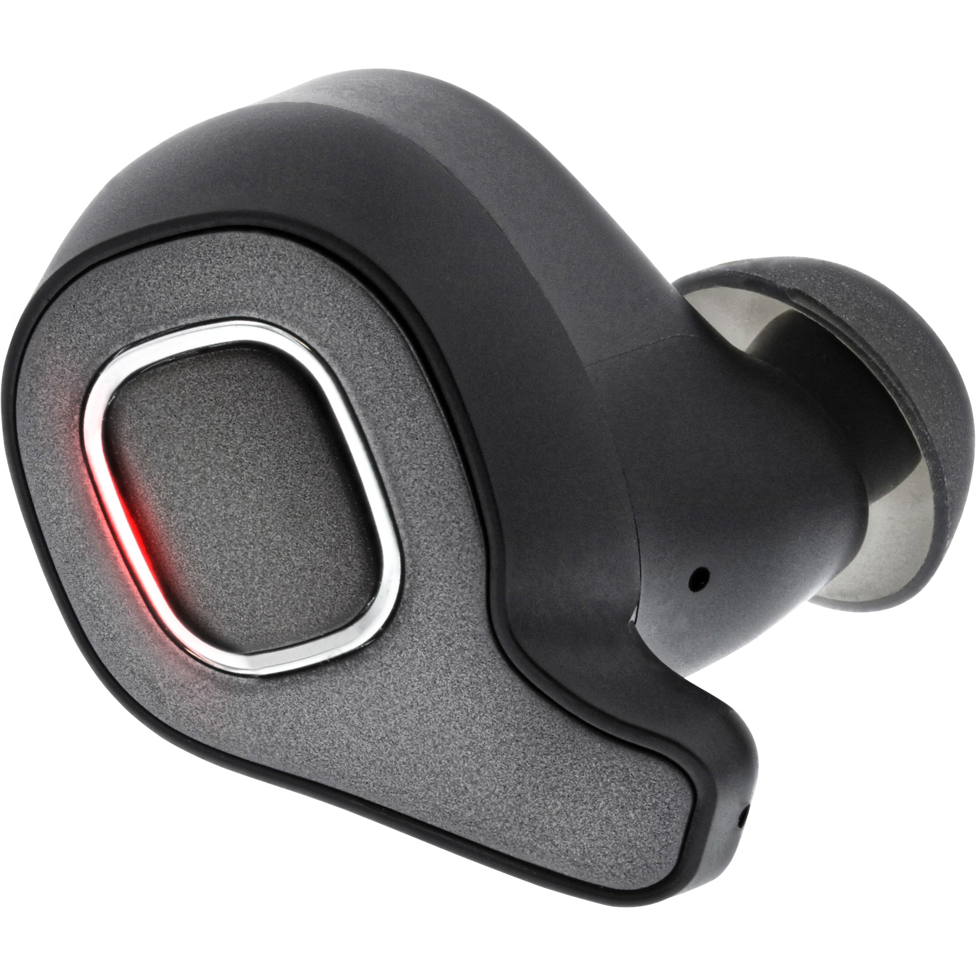 Un auricolare wireless nero con anello luminoso rosso e accento argentato. Isolato su bianco.