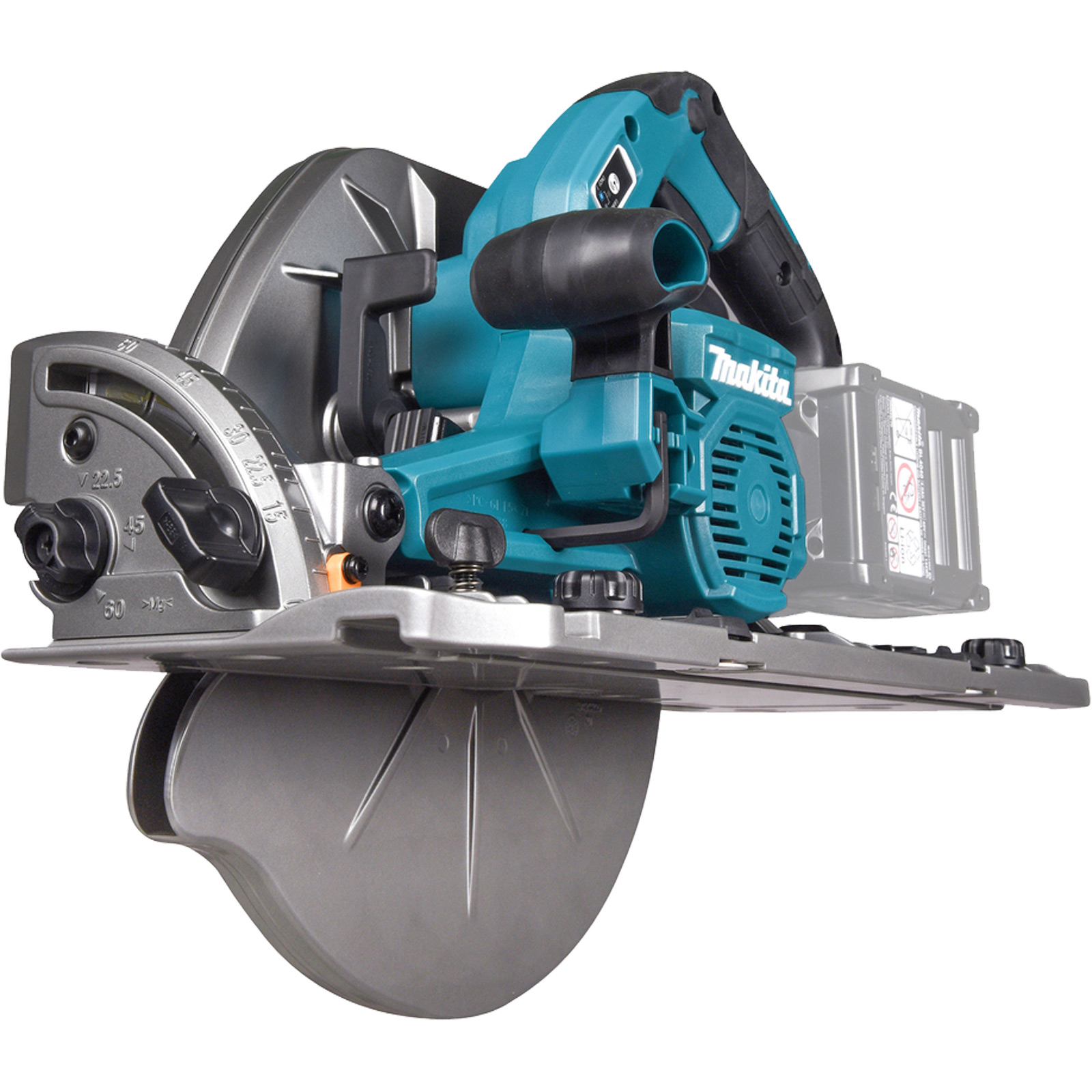 Eine Makita-Kreissäge mit Akku, blauer und silberner Farbe, auf weißem Hintergrund.