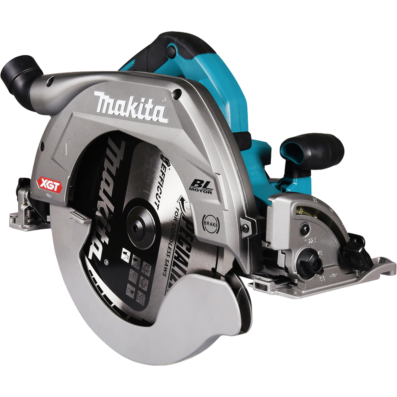 Silberne Makita Kreissäge mit blauem Griff und Sägeblatt.