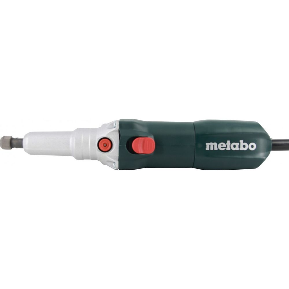 Meuleuse Metabo verte avec bouton rouge et embout argenté sur fond blanc.