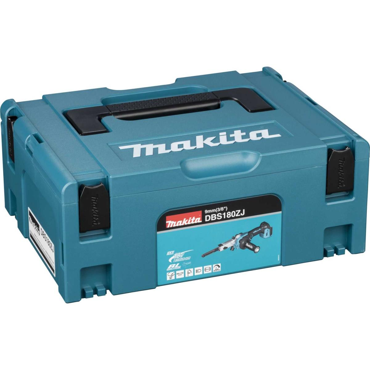Ein tealfarbener Makita-Werkzeugkasten mit einem Aufkleber, der einen Bohrhammer zeigt.