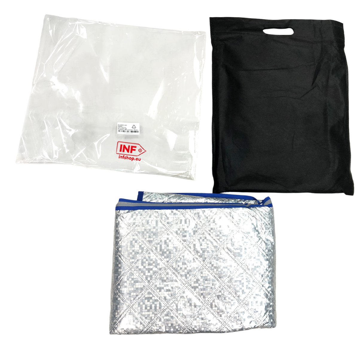 Drei Taschen: durchsichtige Plastik-, schwarze Stoff- und eine silberne Isolierpackung.
