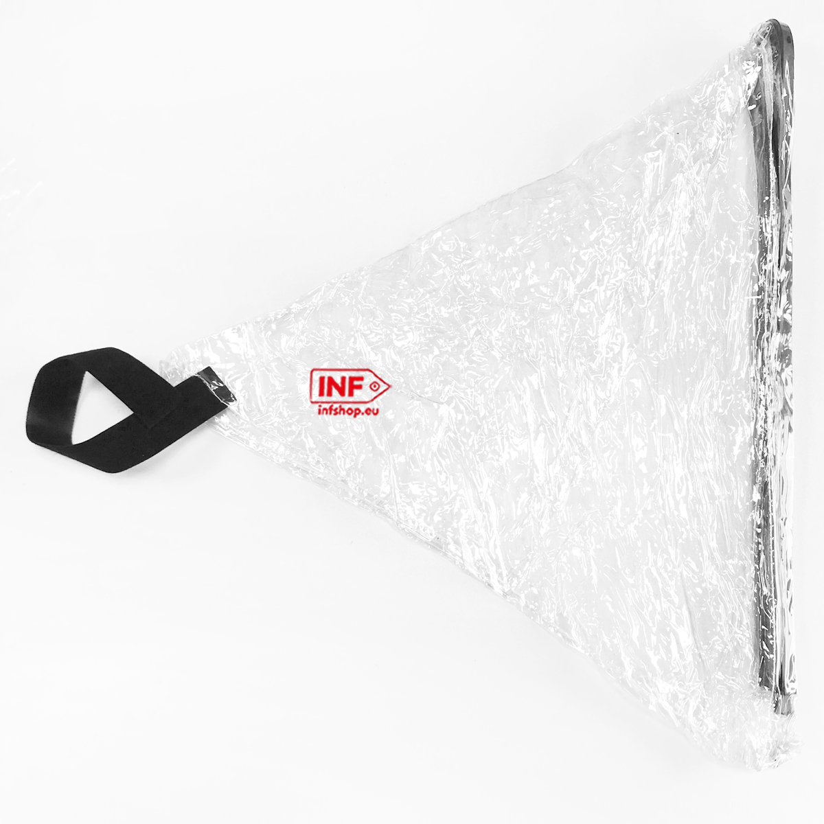 Una copertura triangolare trasparente con una cinghia nera e un logo INF.